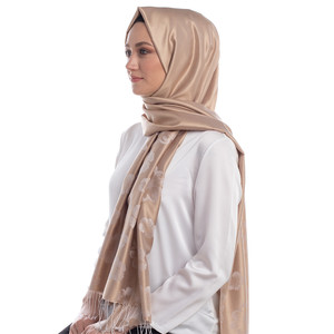 Sand Beige Violet Jacquard Silk Scarf - Thumbnail