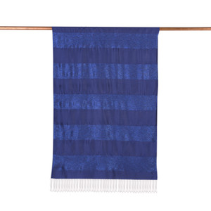 Sax Blue Block Lurex Striped Silk Scarf - Thumbnail