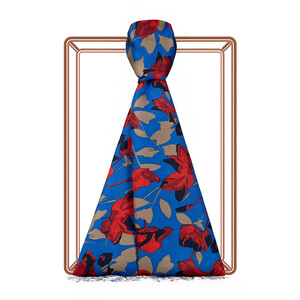 ipekevi - Sax Blue Burgundy Poppy Garden Print Silk Scarf