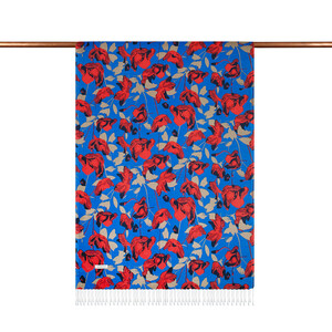 ipekevi - Sax Blue Burgundy Poppy Garden Print Silk Scarf (1)