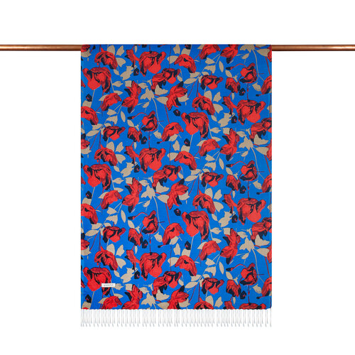 Sax Blue Burgundy Poppy Garden Print Silk Scarf