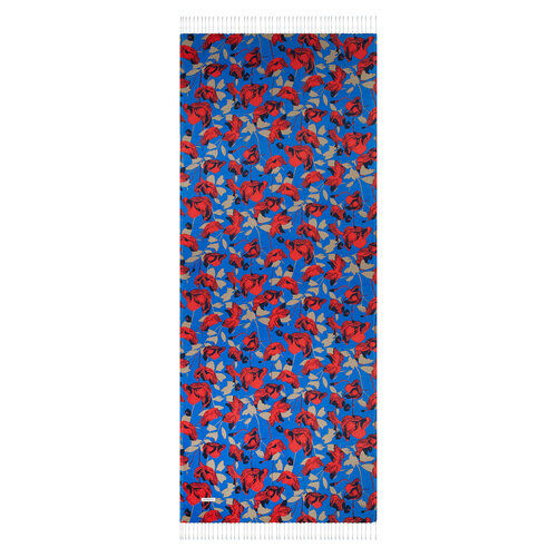 Sax Blue Burgundy Poppy Garden Print Silk Scarf