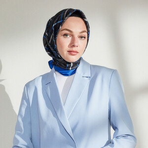 Sax Blue Castle Plaid Silk Twill Scarf - Thumbnail