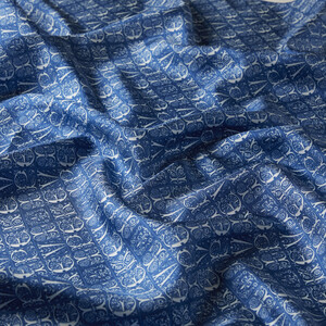 ipekevi - Sax Blue Ethnic Monogram Twill Silk Scarf Model 01 (1)