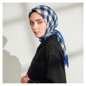  Sax Blue Marled Plaid Twill Silk Scarf - Thumbnail