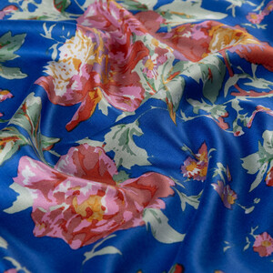 Sax Blue Rose Bloom Print Silk Scarf - Thumbnail