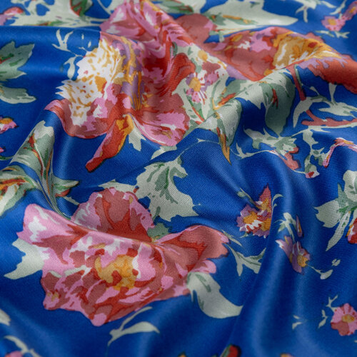 Sax Blue Rose Bloom Print Silk Scarf