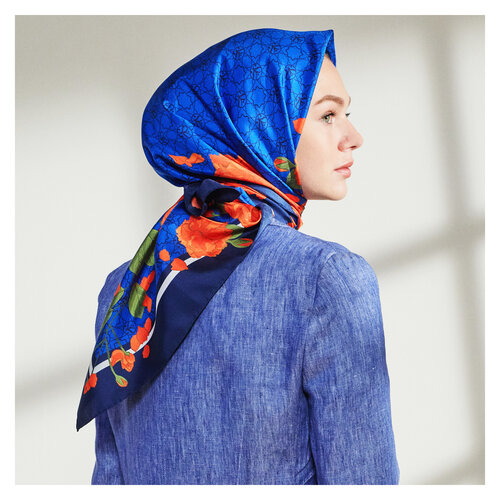 Sax Blue Sakura Monogram Silk Twill Scarf 