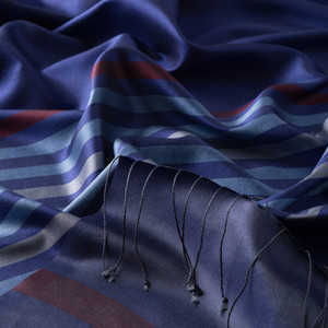 Sax Blue Thin Meridian Striped Silk Scarf - Thumbnail