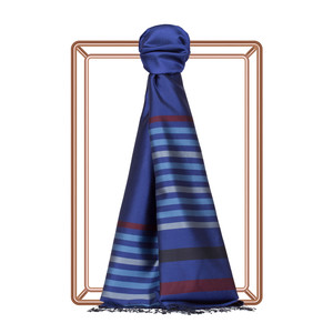 Sax Blue Thin Meridian Striped Silk Scarf - Thumbnail