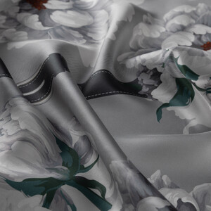Silver Atlas Rose Print Twill Silk Scarf - Thumbnail