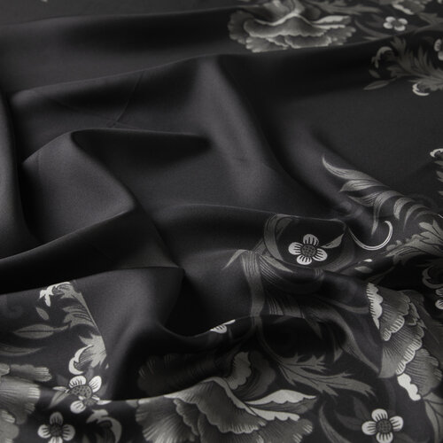 Silver Black Chintz Patterned Twill Silk Scarf