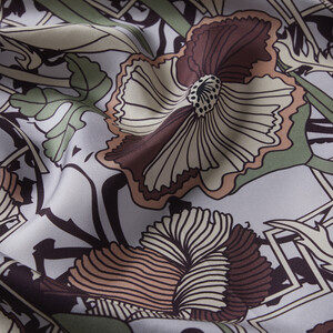 Silver Coffee Carnival Flowers Twill Silk Scarf Model 01 - Thumbnail