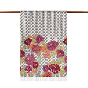 Silver Mono Rose Bouquet Print Silk Scarf - Thumbnail