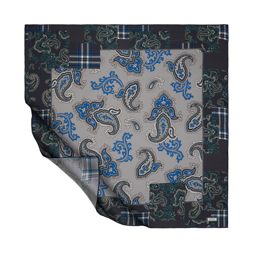 Silver Patchwork Patterned Twill Silk Scarf