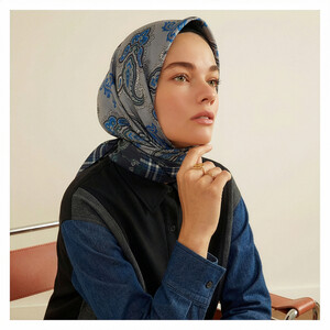 Silver Patchwork Patterned Twill Silk Scarf - Thumbnail