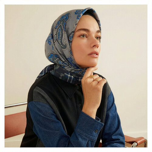 Silver Patchwork Patterned Twill Silk Scarf