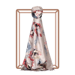 Silver Peony Print Silk Scarf - Thumbnail