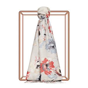 Silver Peony Print Silk Scarf - Thumbnail