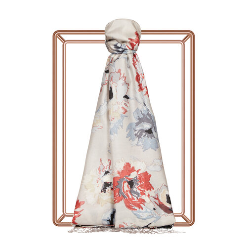 Silver Peony Print Silk Scarf