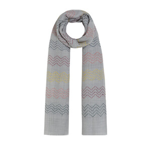 Silver Woven Zigzag Wool Silk Scarf - Thumbnail