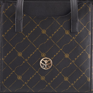 Siyah Altın Monogram Cep Detaylı Tote Çanta - Thumbnail