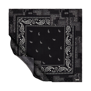 Siyah Beyaz Patchwork Desenli Tivil İpek Eşarp - Thumbnail
