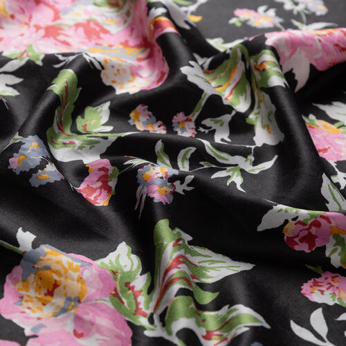 Siyah Gülzar Desenli İpek Şal