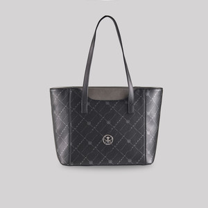 Siyah Gümüş Monogram Cep Detaylı Tote Çanta - Thumbnail