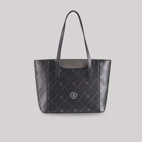 Siyah Gümüş Monogram Cep Detaylı Tote Çanta