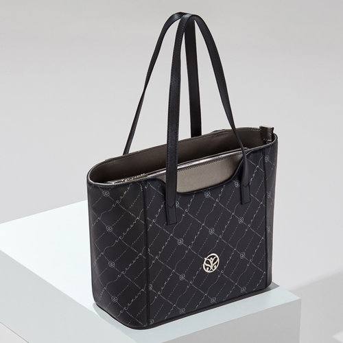 Siyah Gümüş Monogram Cep Detaylı Tote Çanta