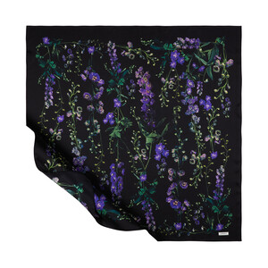 Siyah Wild Violet Desenli Tivil İpek Eşarp - Thumbnail