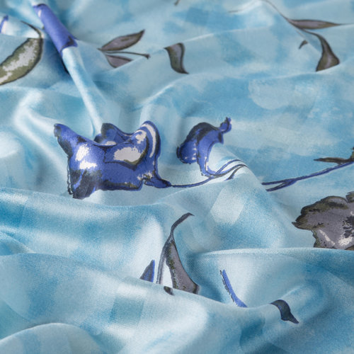 Sky Blue Rosa Gallica Print Saten Silk Scarf