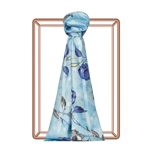 Sky Blue Rosa Gallica Print Saten Silk Scarf - Thumbnail