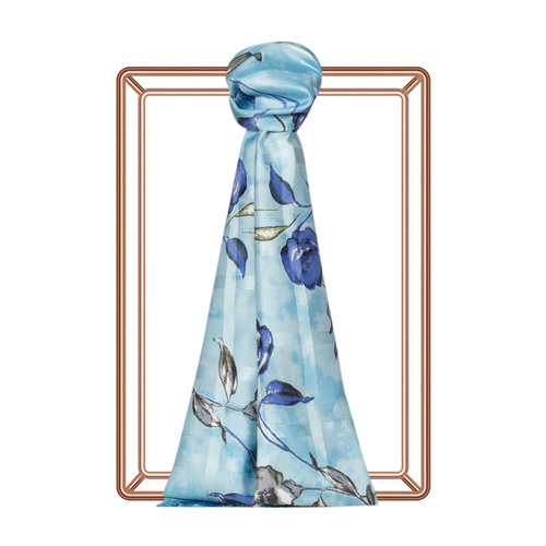 Sky Blue Rosa Gallica Print Saten Silk Scarf