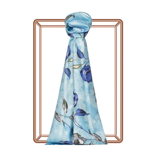 Sky Blue Rosa Gallica Print Saten Silk Scarf