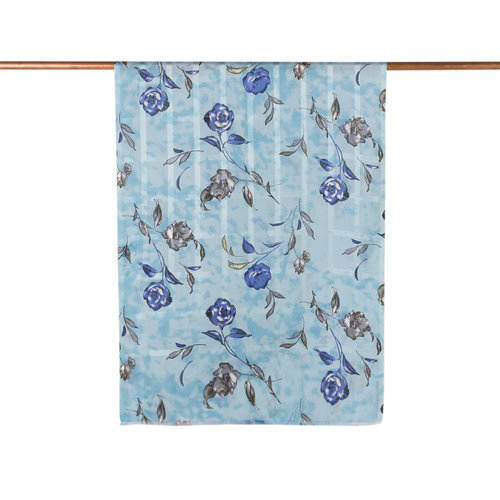 Sky Blue Rosa Gallica Print Saten Silk Scarf