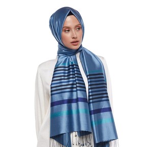 Sky Blue Thin Meridian Striped Silk Scarf - Thumbnail