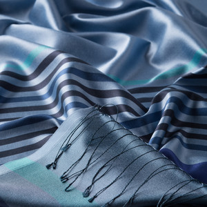 Sky Blue Thin Meridian Striped Silk Scarf - Thumbnail