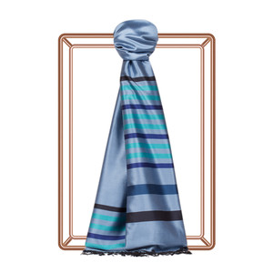Sky Blue Thin Meridian Striped Silk Scarf - Thumbnail
