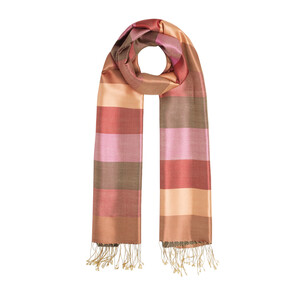 Stone Cream Block Striped Reversible Silk Scarf - Thumbnail