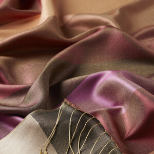 Stone Cream Block Striped Reversible Silk Scarf - Thumbnail