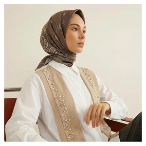 Stone Patchwork Patterned Twill Silk Scarf - Thumbnail