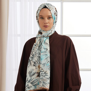 Turquoise Blue Narcissus Flower Cotton Rayon Scarf - Thumbnail