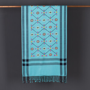 Turquoise Carpet Design Cross Stich Prime Silk Scarf - Thumbnail