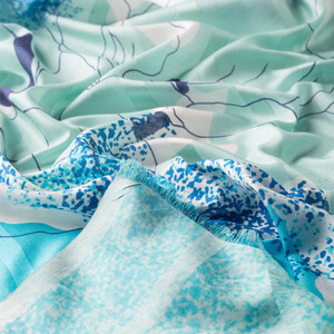 Turquoise Lilium Print Satin Silk Scarf - Thumbnail