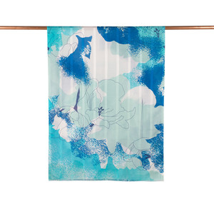 Turquoise Lilium Print Satin Silk Scarf - Thumbnail