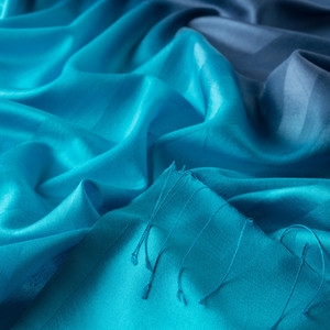 Turquoise Metallic Blue Mono Striped Gradient Silk Scarf - Thumbnail