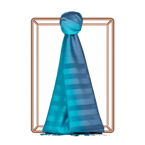 Turquoise Metallic Blue Mono Striped Gradient Silk Scarf - Thumbnail