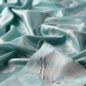 Turquoise Violet Jacquard Silk Scarf - Thumbnail